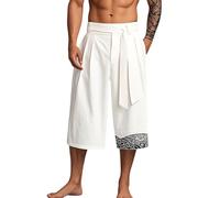 Generico Pantalones de pierna ancha rectos de tres cuartos cortos de verano para hombre de lino japonés estilo retro elástico tradicional Hakama Kung Fu Kimono baño casual sueltos Yoga Jogging, Color