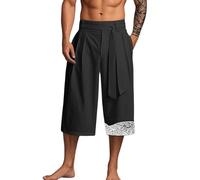 Generico Pantalones de pierna ancha rectos de tres cuartos cortos de verano para hombre de lino japonés estilo retro elástico tradicional Hakama Kung Fu Kimono baño casual sueltos Yoga Jogging, Negro