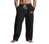 Generico Pantalones para chándal de hombre de pierna recta de lino para actividades al aire libre trabajo pesca viajes pantalones de pierna mitología medieval nórdica para fitness deporte ocio, Negro