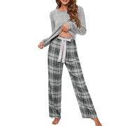 Genérico Pantalones Pijama Mujer Conjunto Informal de Color sólido con Cuello y Estampado a Cuadros para Mujer, Conjunto de Pijama y Pantalones para el Pijamas SeñOra Sexy (Grey, M)