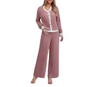 Genérico Pantalones Pijamas Largo y Fluido Mujer Top Pijama Mujer Manga Larga Algodón Conjunto Conjunto 2 Pijamas con Botón Ropa de Dormir Montar Ropa De Dormir Acanalado Loungewear, rosa, M