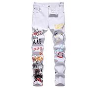 Generico Pantalones pitillo estilo Y2K de denim elástico para hombre, Slim Fit de moto de pierna recta con impresión digital, vaqueros de estilo motorista y colores pastel en contraste, Blanco White