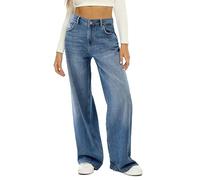 Generico Pantalones vaqueros Palazzo Mujer Verano Pantalón Casual de Cintura Media Jeans con Bolsillos Wide Leg Pantalones Denim Basic Y2k Pantalón Oversize Pants Hiphop Niña Adolescente Streetwear,