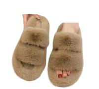 Genérico Pantuflas Mujer Pantuflas de piel gruesa una palabra, dobles, informales, algodón, for mujer, planas, felpa, con tiras cruzadas(Khaki,42)