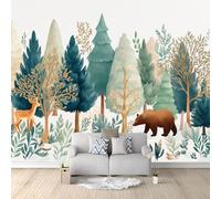 Genérico Papel Pintado 300 x 210 cm Bosque Ciervo Oso Plantas Animales - Fotomural Decorativo con Efecto 3D - Tejido no Tejido para Decoración de Pared en Salón, Dormitorio u Oficina Blanco-Verde