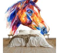 Genérico Papel Pintado 400 x 280 cm Animales Pintura Caballo Acuarela Arte - Fotomural Decorativo con Efecto 3D - Tejido no Tejido para Decoración de Pared en Salón, Dormitorio u Oficina Blanco