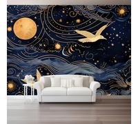 Genérico Papel Pintado Azul Oscuro, Papel Pintado Tejido no Tejido Sueño Cielo Estrellado Pájaros Volando para Salón y Dormitorio - Decoración de Pared 350 x 256 cm（WxH
