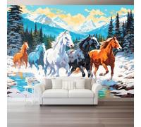 Genérico Papel Pintado Azul, Papel de Surrealismo Montañas Animales Caballos Pared Fotomurales Decorativos - Pared Dormitorio Papels Adhesivo para Muebles Salon 150 x 105 cm（WxH