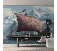Genérico Papel Pintado Barco Vikingo, Papel Pintado pared Dormitorio Buque de Guerra Mitología Nórdica, Decoracion pared Salon, Fotomurales Tejido no Tejido, 390 x 260 cm K-MZ&20