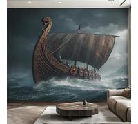 Genérico Papel Pintado Barco Vikingo, Papel Pintado pared Dormitorio Buque de Guerra Mitología Nórdica, Decoracion pared Salon, Fotomurales Tejido no Tejido, 366 x 254 cm K-MZ&16