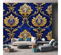 Genérico Papel Pintado Barroco 450X260cm, Papel Pintado Pared Dorado Vintage Azul Marino Salon, Dormitorio, Oficina, Decorativos D6