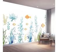Genérico Papel Pintado Blanco, Papel de Dibujos Animados Plantas Marinas Peces Pared Fotomurales Decorativos - Pared Dormitorio Papels Adhesivo para Muebles Salon 300 x 210 cm（WxH
