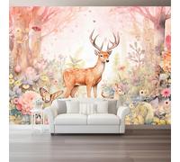 Genérico Papel Pintado Color, Papel de Bosque Secreto Animales Alces Flores Pared Fotomurales Decorativos - Pared Dormitorio Papels Adhesivo para Muebles Salon 200 x 140 cm（WxH