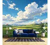 Genérico Papel Pintado De Montaña Con Nubes, Mural De Pared No Tejido De Campos Verdes, Póster Fotográfico Para Decoración Del Hogar, Arte Mural De Paisaje Natural Con Efecto Panorámico 3D Par