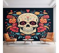 Genérico Papel Pintado Día de los Muertos 200X150cm, Papel Pintado Pared Calavera de Azúcar Flores Gótico Salon, Dormitorio, Oficina, Decorativos D32