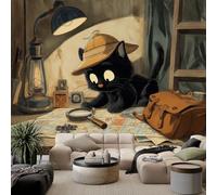 Genérico - Papel pintado, diseño de dibujos animados, detective, negro, gato, lupa, papel pintado, color marrón, mural no tejido, decoración de pared, para salón, dormitorio, oficina, restaurante