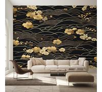 Genérico Papel Pintado Flor de Cerezo Negra Dorada, Papel Pintado pared Dormitorio Olas Japonesas, Decoracion pared Salon, Fotomurales Tejido no Tejido, 250 x 175 cm K-MZ&10