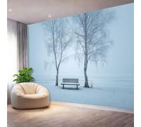 Genérico Papel Pintado Fotográfico Natural 150 x 105 cm（WxH, Papel Pintado De Fieltro Para Pared De Salón Dormitorio Moderno Surrealismo Escena De Nieve Abedules Panorámico Pared Decoración Azul