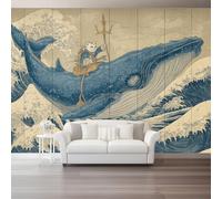 Genérico Papel Pintado Fotográfico Natural 250 x 175 cm（WxH, Papel Pintado De Fieltro Para Pared De Salón Dormitorio Moderno Fantasía Ukiyo-E Ballena Panorámico Pared Decoración Beige