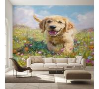 Genérico Papel Pintado Golden Retriever, Papel Pintado pared Dormitorio Perro Lindo Flores Silvestres, Decoracion pared Salon, Fotomurales Tejido no Tejido, 366 x 254 cm K-MZ&15