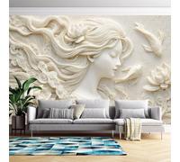 Genérico Papel Pintado Mural 3D Con Relieve De Rostro Femenino, Flor De Loto Y Pez Koi, 60 Cm (Alto) X 120 Cm (Ancho). Papel Pintado Autoadhesivo Removible Para Sala De Estar Y Dormitorio.