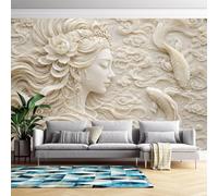 Genérico Papel Pintado Mural 3D Con Relieve De Rostro Femenino, Loto Y Pez Koi, 280 Cm (Alto) X 460 Cm (Ancho). Papel Pintado Autoadhesivo Removible Para Sala De Estar Y Dormitorio.