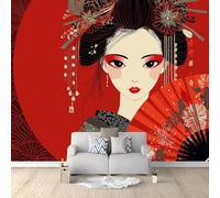 Genérico Papel pintado no tejido 200 x 140 cm Geisha abanico decoración de pared panorámica, dibujado a mano japonés fácil de limpiar papel pintado panorámico para salón pasillo oficina