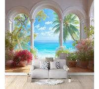 Genérico Papel pintado no tejido, 200 x 140 cm, playa palmeras, balcón abovedado, decoración de pared panorámica, perspectiva 3D, fácil de limpiar, papel pintado panorámico para salón, pasillo o