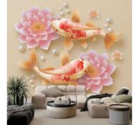 Genérico Papel pintado no tejido Panorámico 400 x 280 cm 3D Póster gigante de pared, 3D plantas Lotus Poisson Koi para salón, dormitorio, restaurante, decoración de pared, tapiz de pared, color beige