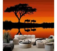 Genérico Papel pintado no tejido sabana crepúsculo árbol de acacia animales 400 x 280 cm papel pintado panorámico amarillo, foto de pared para sala de estar, dormitorio, dormitorio infantil