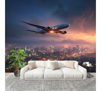 Genérico Papel Pintado Panorámico 250x175 cm AvióN De La Ciudad Bulliciosa Personalizable Fotomurales No Tejido Póster Pared Decoración Morado Claro 3D Duradero y Resistente a las manchas Fotomurales