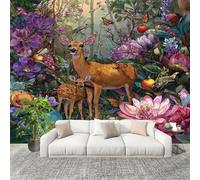 Genérico Papel Pintado Panorámico 350x256 cm Flores Del Bosque Ciervo Personalizable Fotomurales No Tejido Póster Pared Decoración vistoso 3D Duradero y Resistente a las manchas Fotomurales