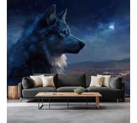 Genérico Papel pintado panorámico 3D cielo estrellado lobo 500 x 280 cm no tejido de pared, para sala de estar, dormitorio, papel pintado fotográfico, animales fantásticos, dormitorio, mural mural