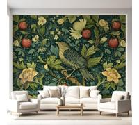 Genérico Papel pintado Panorámico Botánico Vintage Pastoral 300 x 210 cm - Decoración de pared para pájaros frutos verde oliva - Tapiz de pared de papel pintado no tejido - Póster de cuadros de pared