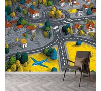 Genérico Papel pintado panorámico estilo caricaturero, papel pintado ciudad edificios mapa rayas póster mural gigante - mural moderno para salón dormitorio infantil restaurante 300 x 210 cm (L x H)