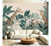 Genérico Papel pintado panorámico no tejido, animales tigres Elefantes jirafas, 250 x 175 cm, decoración de pared, sala de estar, dormitorio infantil, fácil de limpiar, revestimiento de pared