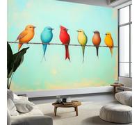 Genérico Papel pintado panorámico verde claro pintado en pared, pájaros, pintura al óleo retro no tejido pared, 250 x 175 cm (L x H) foto mural para sala de estar dormitorio infantil restaurante