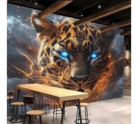 Genérico papel pintado pared 350x260cm Leopardo De Ojos Azules papel pintado ladrillo Lienzo con efecto óleo 3D sin uniones, para salón escandinavo o dormitorio minimalista EB24-9868
