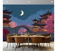 Genérico Papel Pintado Pared Panorámico Chino - 200 x 140 cm Gigante Papel pintado tejido no tejido, Arquitectura Tradicional Cielo Nocturno Póster Fotomurales Decoración Para Salón Dormitorio