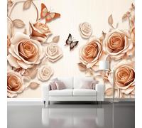 Genérico Papel Pintado Pared Panorámico Retro - 400 x 280 cm Gigante Papel pintado tejido no tejido, Rosas Mariposas Líneas Póster Fotomurales Decoración Para Salón Dormitorio
