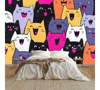 Genérico Papel Pintado Tejido no Tejido Dibujos Animados Gato Animal Lindo Lengua Gris-Negro 300 x 210 cm - Fotomural Panorámico Decoración de Pared para Salón y Dormitorio