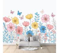 Genérico Papel Pintado Tejido no Tejido Primavera Flores Silvestres Mariposas Romance Blanco 350 x 256 cm - Fotomural Panorámico Decoración de Pared para Salón y Dormitorio