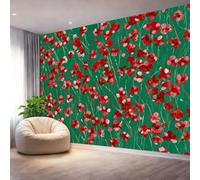 Genérico Papel Pintado Verde,Resumen Flores Silvestres Rojas Papel Adhesivo para Muebles Murales Decorativos Pared Salon Decoracion Habitacion 350 x 256 cm（WxH