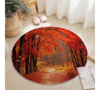 Genérico Pelo Corto Alfombra Redonda Soñador Bosque Hojas Camino Tema, 120 cm Lavable Antideslizante Alfombra Redonda para Sala De Estar Comedor Entrada Dormitorio Bar Decorativa - Rojo
