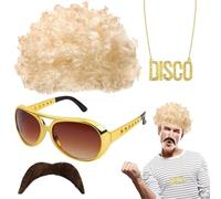 Genérico Peluca afro - Peluca de disfraz hippie funky con gafas de sol | Collar con bigote, accesorio de retro para temas de los años 50, 60 y 70, disfraces, disfraces, diversión y discoteca re