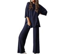 Genérico Periodicali Casual 2-Piece Loose-Fit Short Sleeve Top & Wide-Leg Pants Set with Pockets, Crew Neck for Daily Use (Blue 1,XXL)