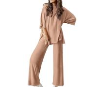 Genérico Periodicali Casual 2-Piece Loose-Fit Short Sleeve Top & Wide-Leg Pants Set with Pockets, Crew Neck for Daily Use (Skin,L)
