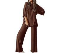Genérico Periodicali Casual 2-Piece Loose-Fit Short Sleeve Top & Wide-Leg Pants Set with Pockets, Crew Neck for Daily Use (Brown 2,XXL)
