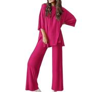 Genérico Periodicali Casual 2-Piece Loose-Fit Short Sleeve Top & Wide-Leg Pants Set with Pockets, Crew Neck for Daily Use (Pink 1,M)