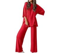 Genérico Periodicali Casual 2-Piece Loose-Fit Short Sleeve Top & Wide-Leg Pants Set with Pockets, Crew Neck for Daily Use (Red 2,M)